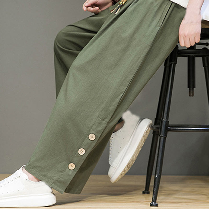 Solid Color Linen Buttons Drawstring Men's Straight Leg Pants With Pockets