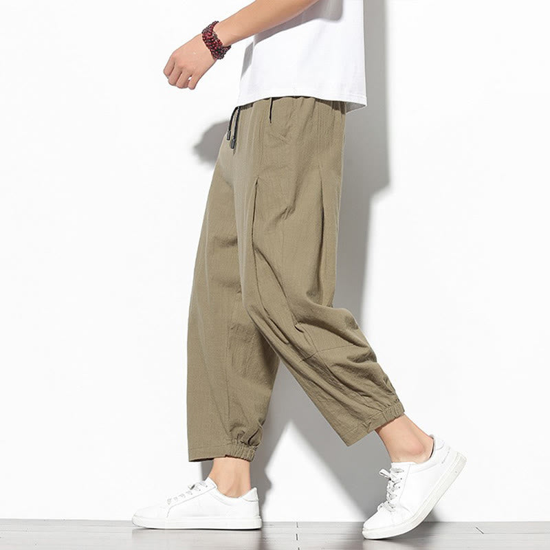Summer Men's 7-8 Length Cotton Linen Carrot Pants With Pockets
