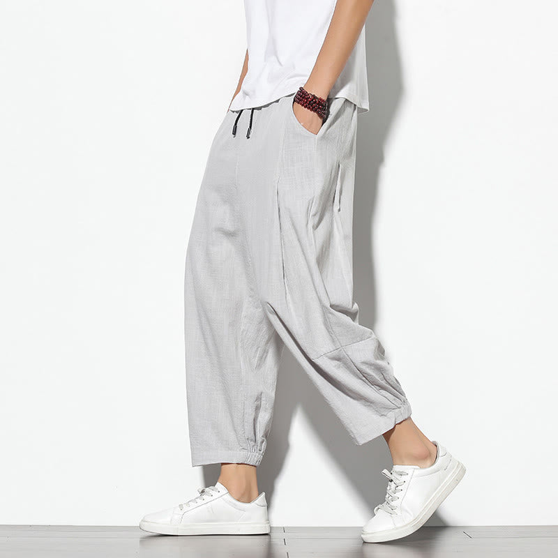 Summer Men's 7-8 Length Cotton Linen Carrot Pants With Pockets