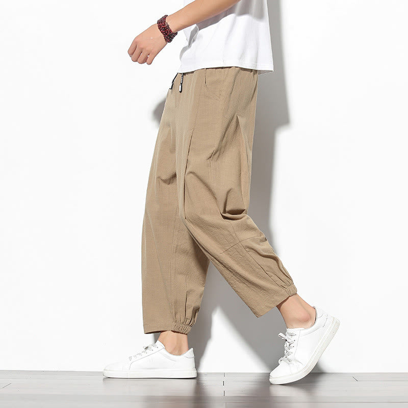 Summer Men's 7-8 Length Cotton Linen Carrot Pants With Pockets