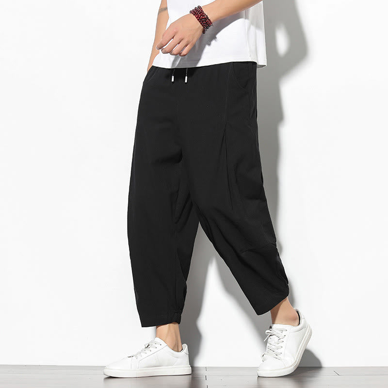 Summer Men's 7-8 Length Cotton Linen Carrot Pants With Pockets