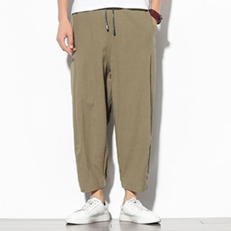 Summer Men's 7-8 Length Cotton Linen Carrot Pants With Pockets