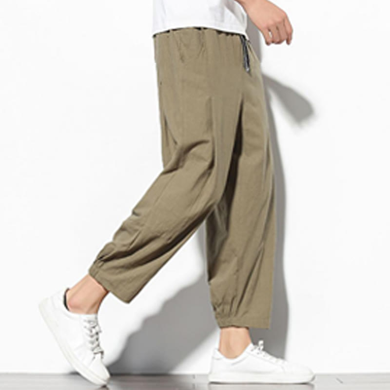 Summer Men's 7-8 Length Cotton Linen Carrot Pants With Pockets