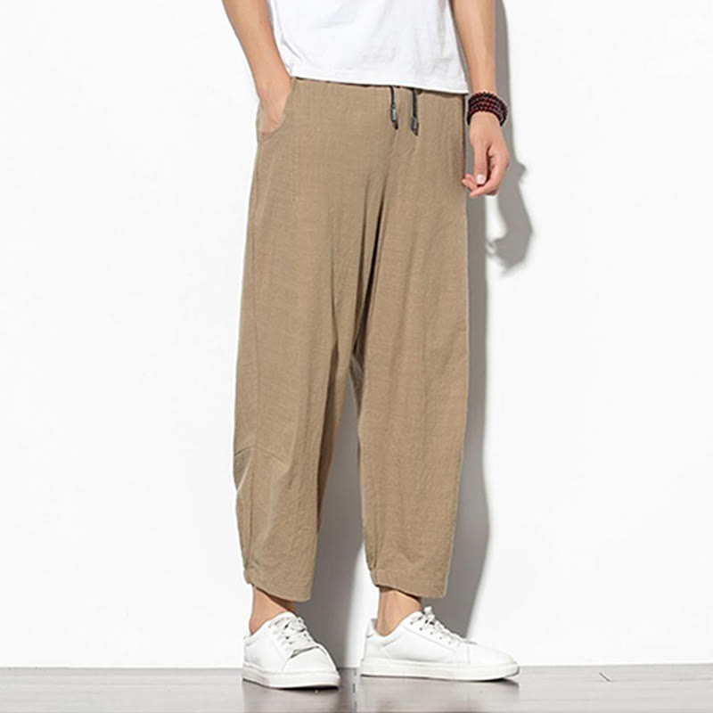 Summer Men's 7-8 Length Cotton Linen Carrot Pants With Pockets