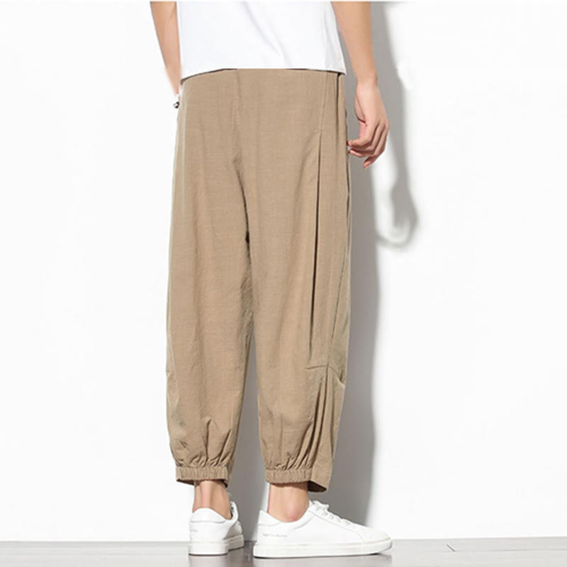 Summer Men's 7-8 Length Cotton Linen Carrot Pants With Pockets