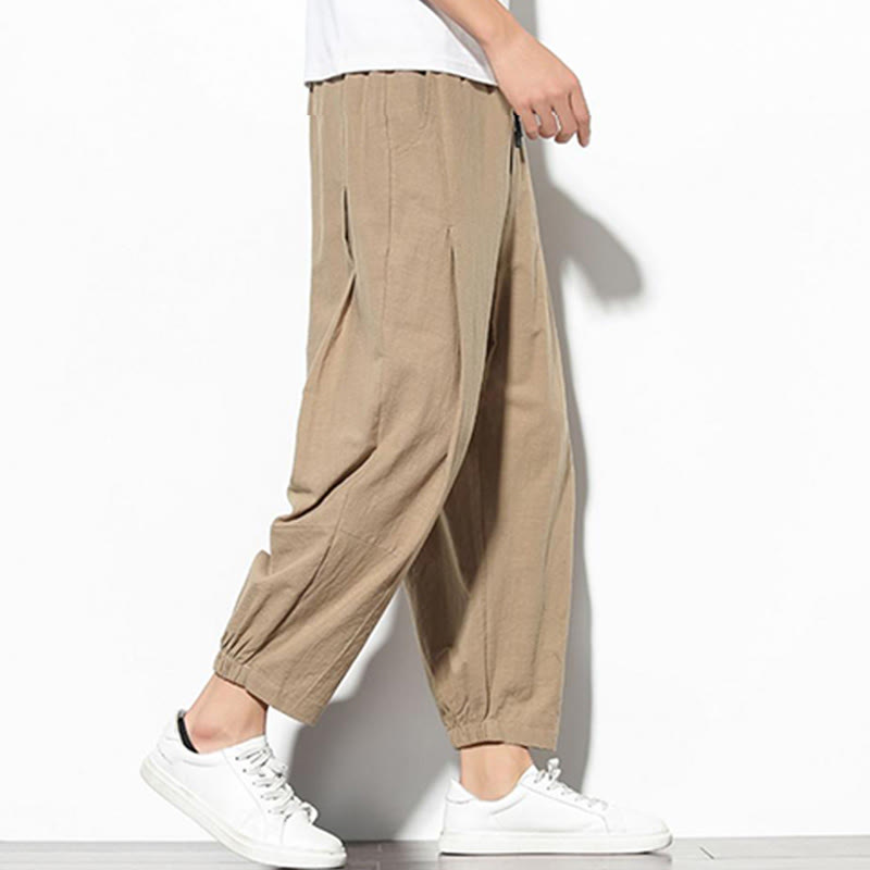 Summer Men's 7-8 Length Cotton Linen Carrot Pants With Pockets