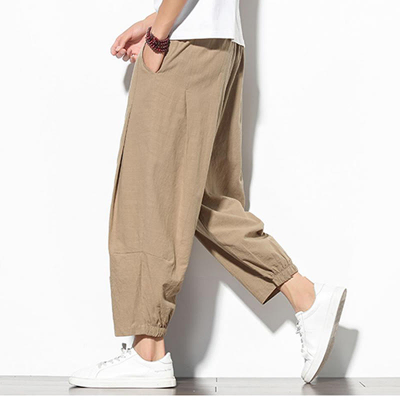 Summer Men's 7-8 Length Cotton Linen Carrot Pants With Pockets