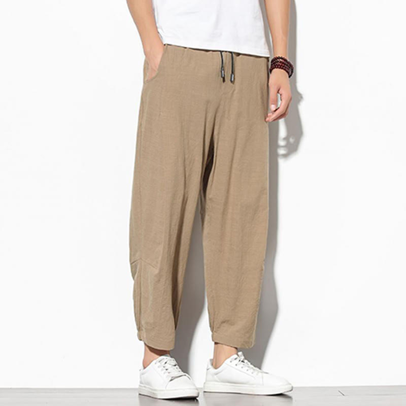 Summer Men's 7-8 Length Cotton Linen Carrot Pants With Pockets