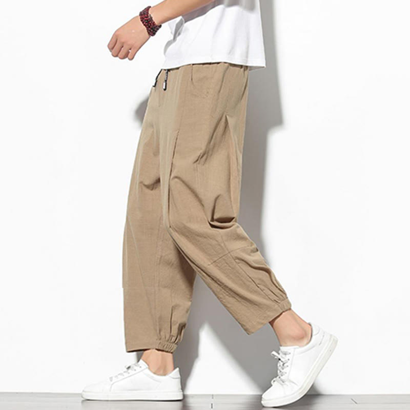 Summer Men's 7-8 Length Cotton Linen Carrot Pants With Pockets