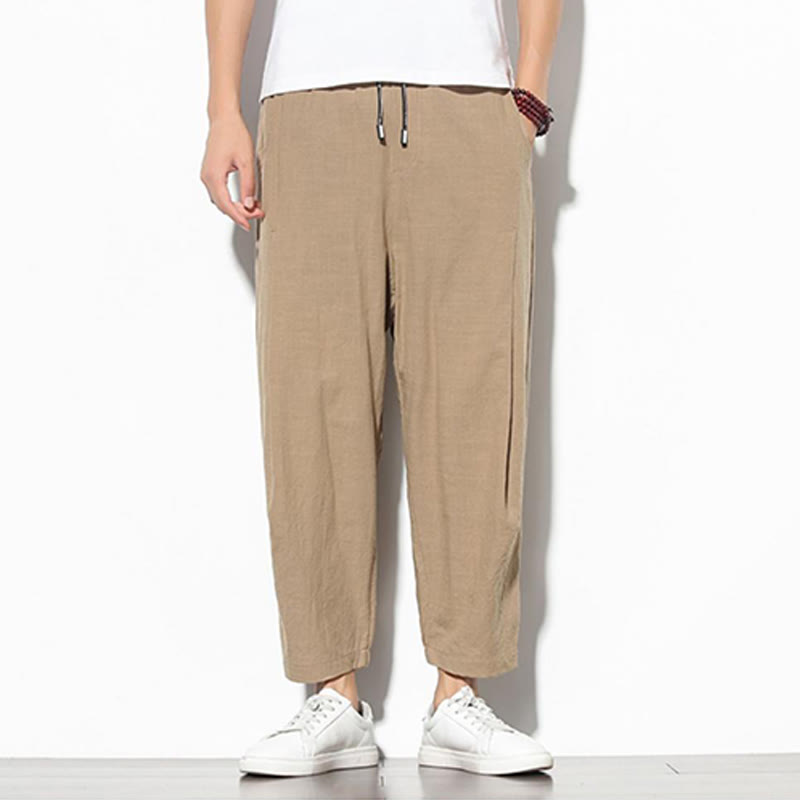 Summer Men's 7-8 Length Cotton Linen Carrot Pants With Pockets