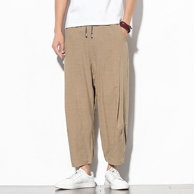 Summer Men's 7-8 Length Cotton Linen Carrot Pants With Pockets
