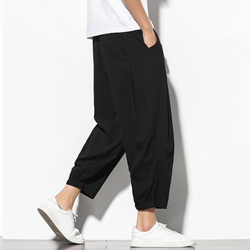 Summer Men's 7-8 Length Cotton Linen Carrot Pants With Pockets