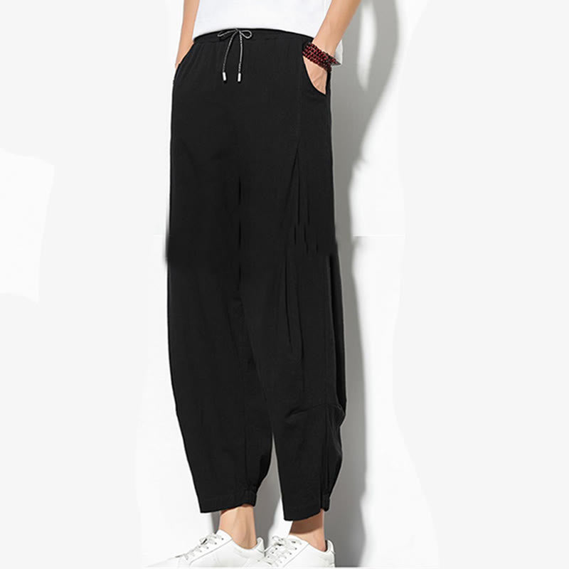 Summer Men's 7-8 Length Cotton Linen Carrot Pants With Pockets