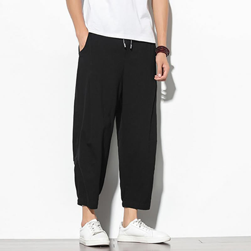 Summer Men's 7-8 Length Cotton Linen Carrot Pants With Pockets
