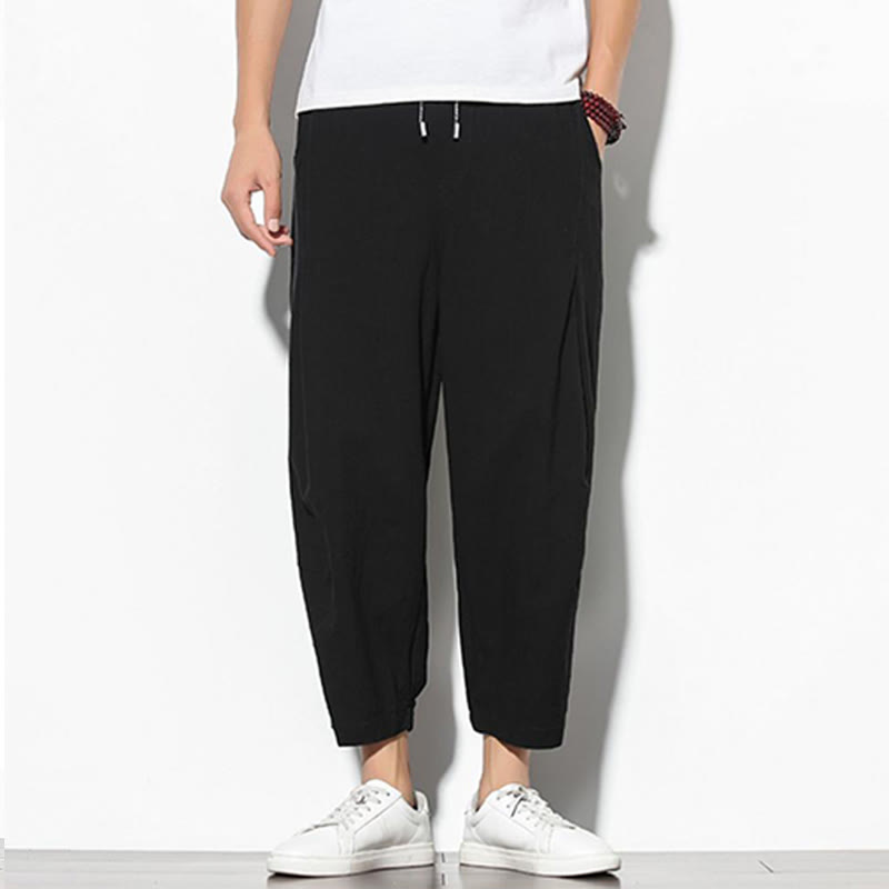 Summer Men's 7-8 Length Cotton Linen Carrot Pants With Pockets