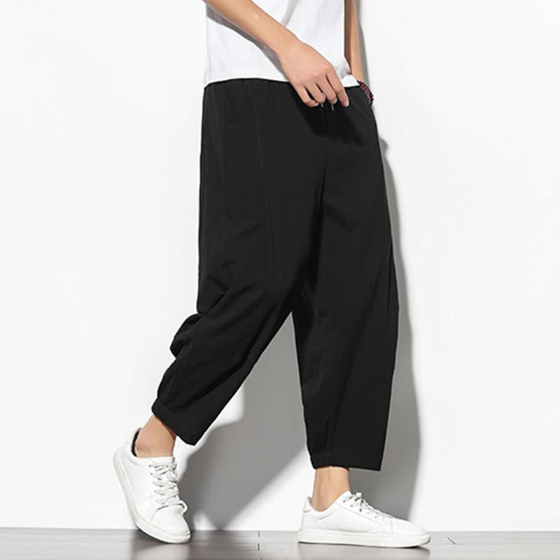 Summer Men's 7-8 Length Cotton Linen Carrot Pants With Pockets