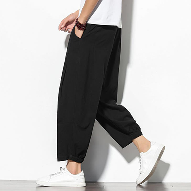 Summer Men's 7-8 Length Cotton Linen Carrot Pants With Pockets