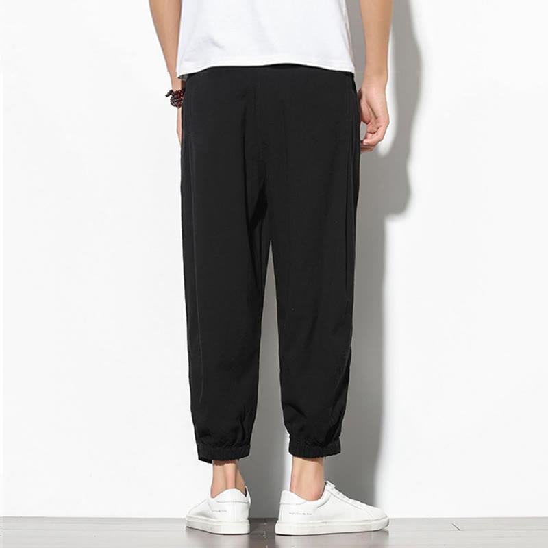 Summer Men's 7-8 Length Cotton Linen Carrot Pants With Pockets
