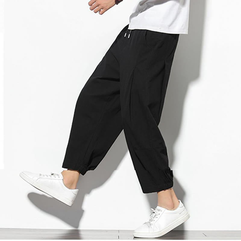 Summer Men's 7-8 Length Cotton Linen Carrot Pants With Pockets