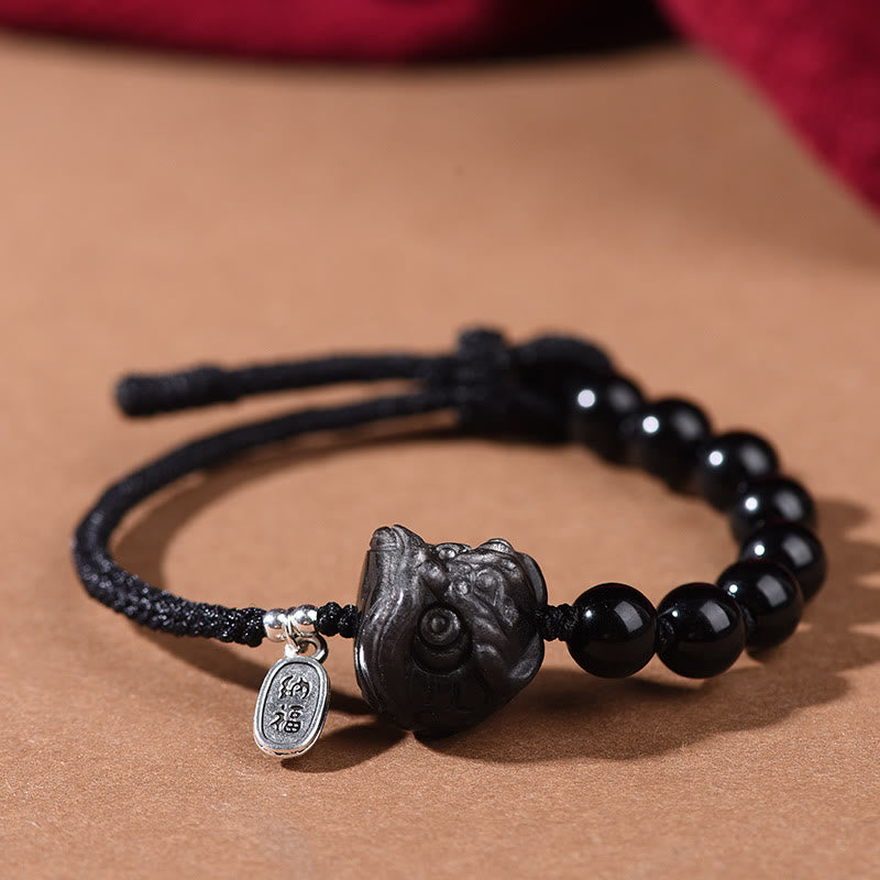 Black Obsidian Silver Sheen Obsidian Cute Cat Dancing Lion Strength Bracelet