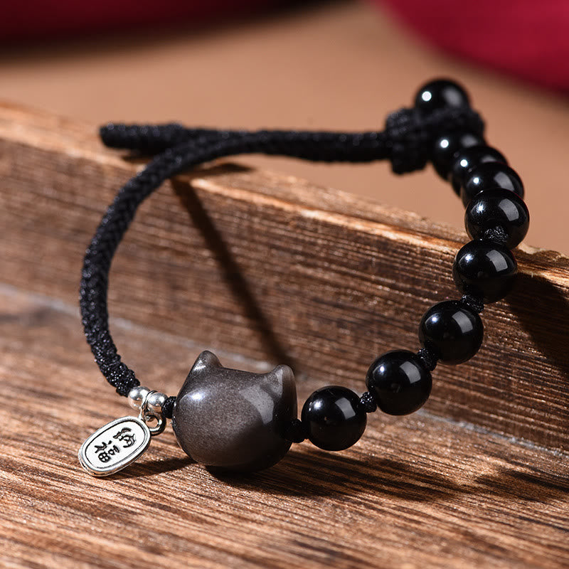 Black Obsidian Silver Sheen Obsidian Cute Cat Dancing Lion Strength Bracelet