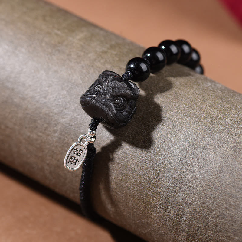 Black Obsidian Silver Sheen Obsidian Cute Cat Dancing Lion Strength Bracelet