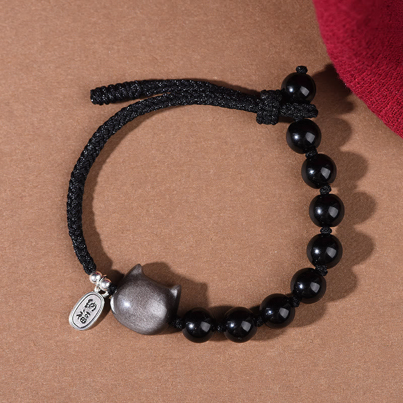 Black Obsidian Silver Sheen Obsidian Cute Cat Dancing Lion Strength Bracelet