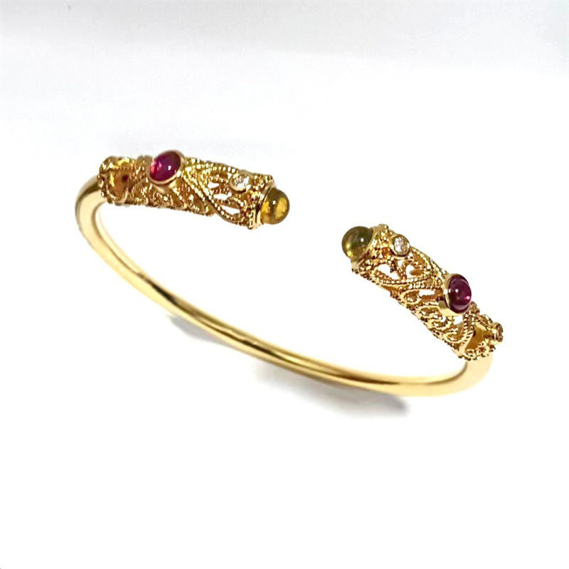 Golden Flower Pattern Red Zircon Amber Copper Luck Cuff Bracelet Bangle