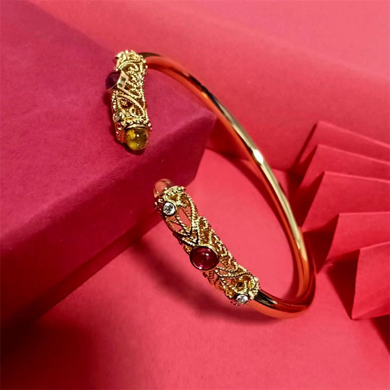 Golden Flower Pattern Red Zircon Amber Copper Luck Cuff Bracelet Bangle