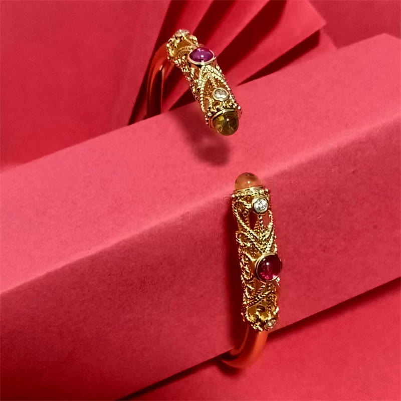 Golden Flower Pattern Red Zircon Amber Copper Luck Cuff Bracelet Bangle