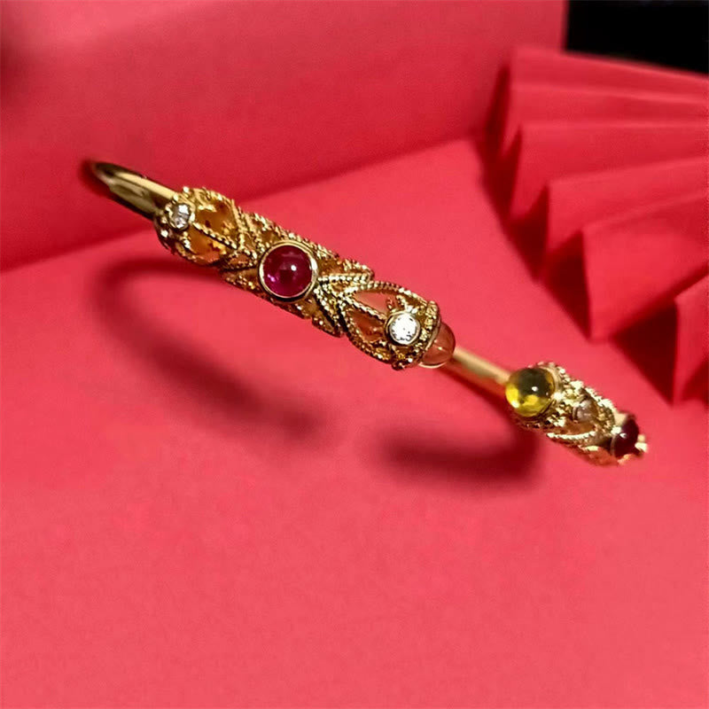 Golden Flower Pattern Red Zircon Amber Copper Luck Cuff Bracelet Bangle