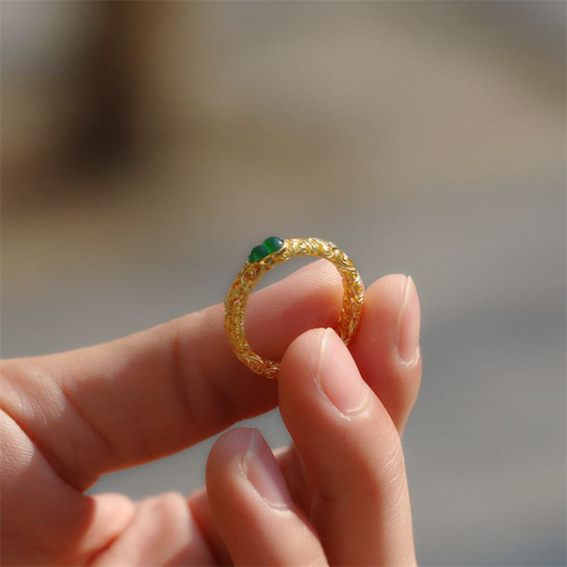 Vintage Gourd Green Chalcedony Copper Alloy Wealth Ring