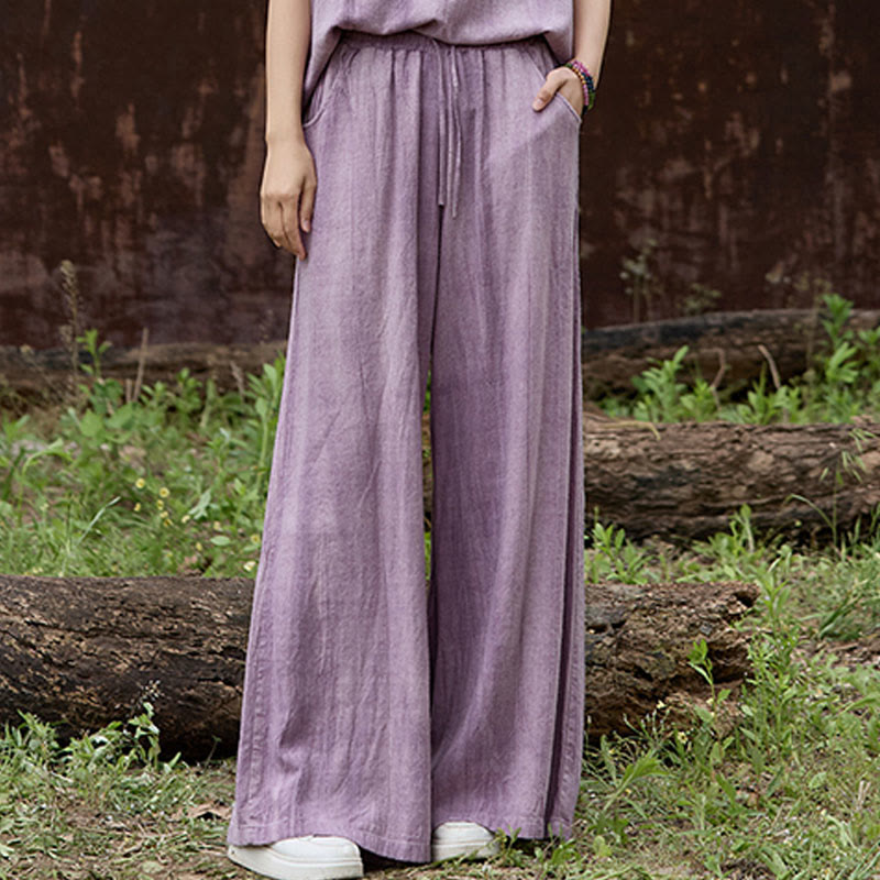 Casual Tie-Dye Women's Linen Wide Leg Pants With Pockets