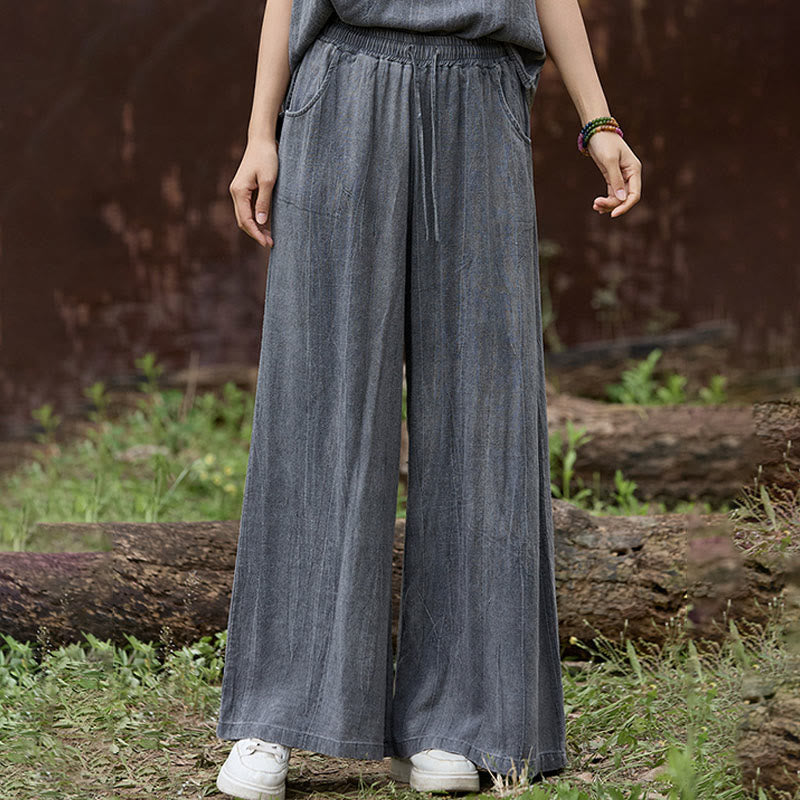 Casual Tie-Dye Women's Linen Wide Leg Pants With Pockets
