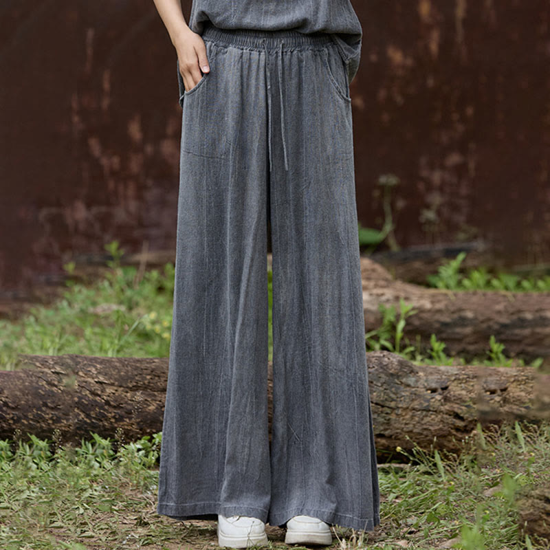 Casual Tie-Dye Women's Linen Wide Leg Pants With Pockets