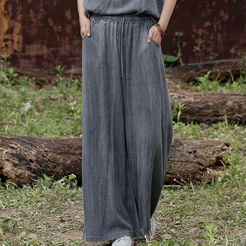 Casual Tie-Dye Women's Linen Wide Leg Pants With Pockets