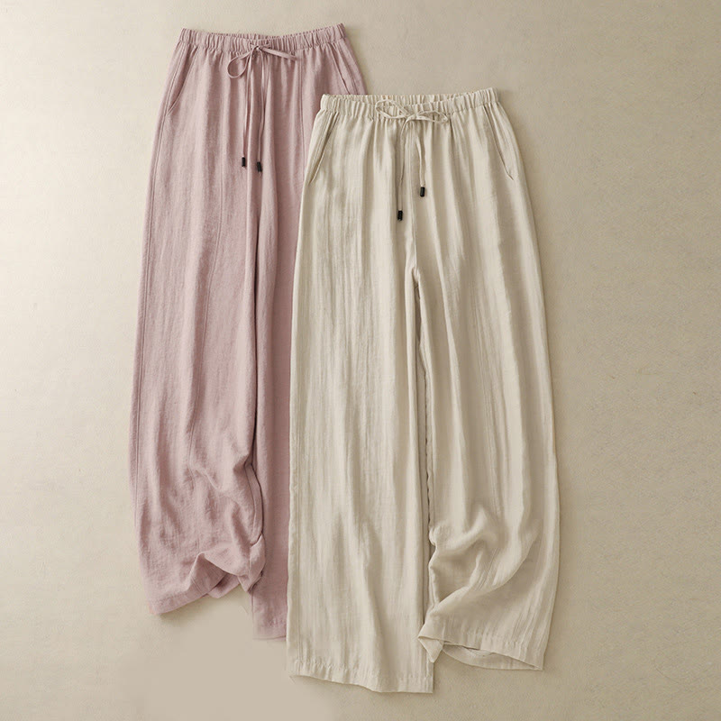 Summer Drawstring Design Women's Wide Leg Pants With Pockets