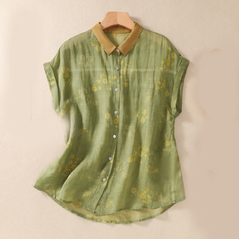 Small Yellow Flower Leaves Buttons Short Sleeve Women's Shirt