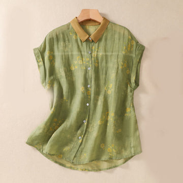 Small Yellow Flower Leaves Buttons Short Sleeve Women's Shirt