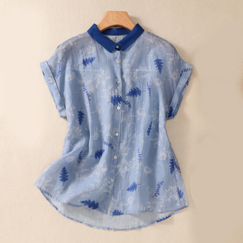 Small Yellow Flower Leaves Buttons Short Sleeve Women's Shirt