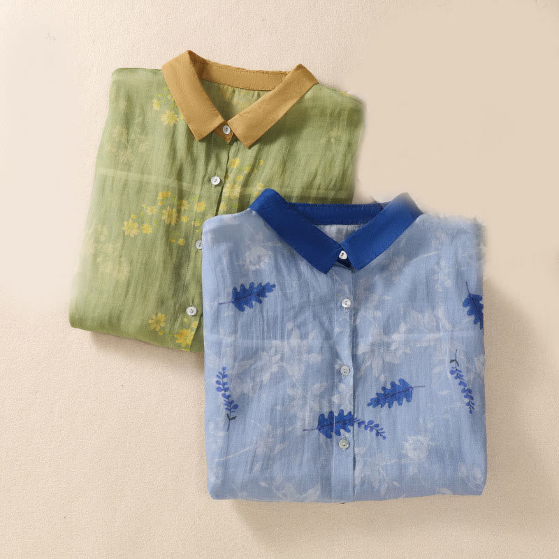 Small Yellow Flower Leaves Buttons Short Sleeve Women's Shirt