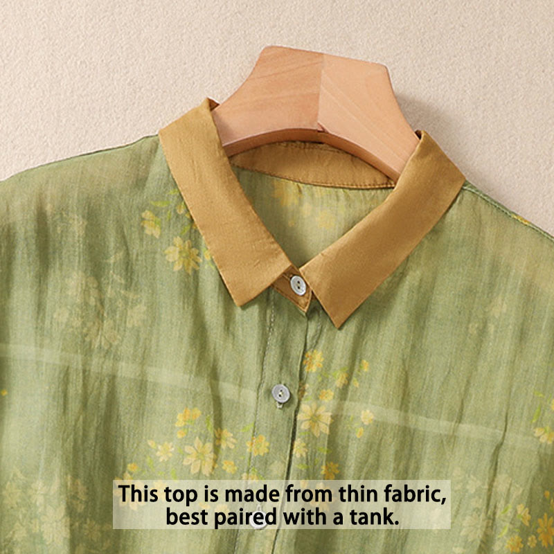Small Yellow Flower Leaves Buttons Short Sleeve Women's Shirt