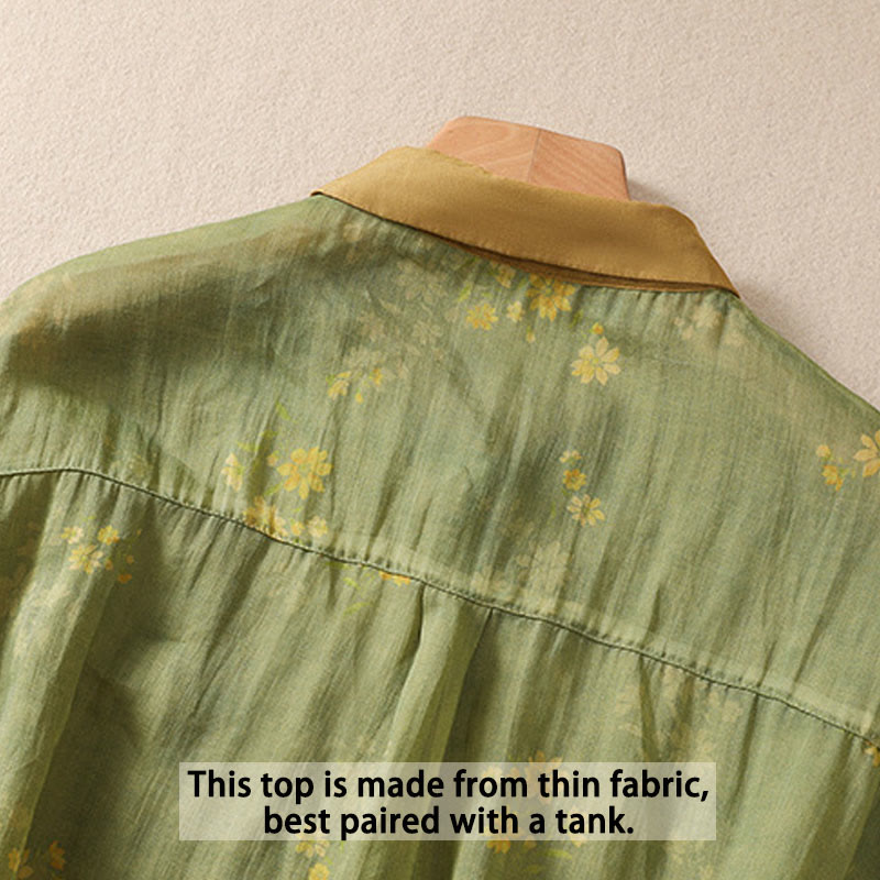 Small Yellow Flower Leaves Buttons Short Sleeve Women's Shirt