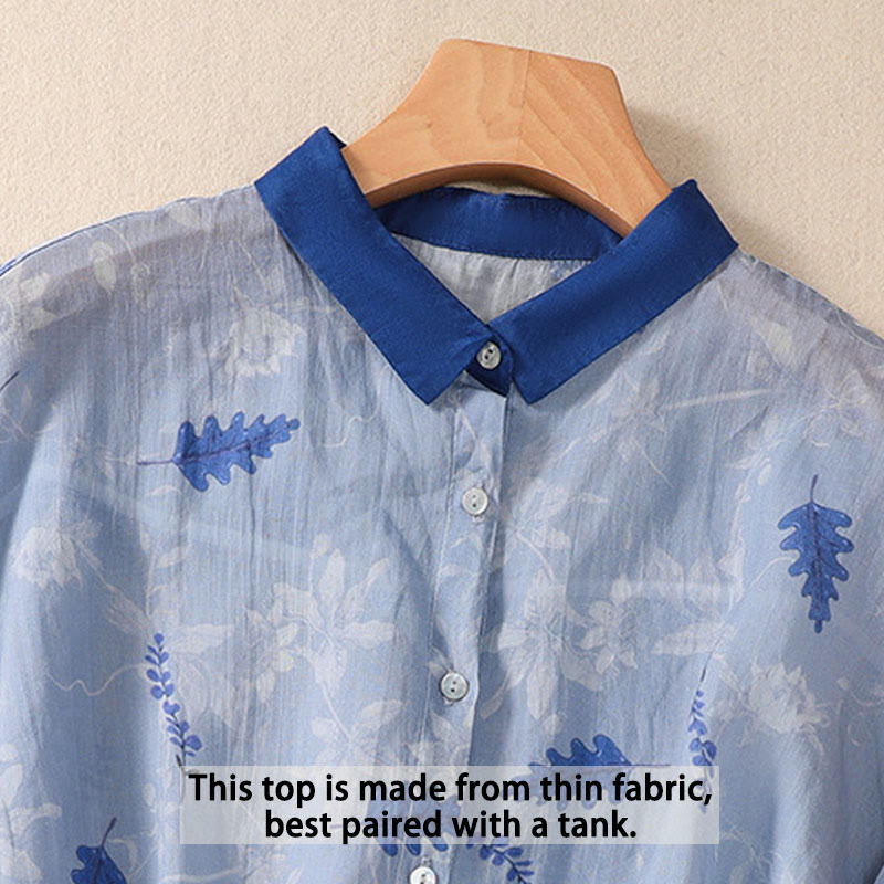 Small Yellow Flower Leaves Buttons Short Sleeve Women's Shirt