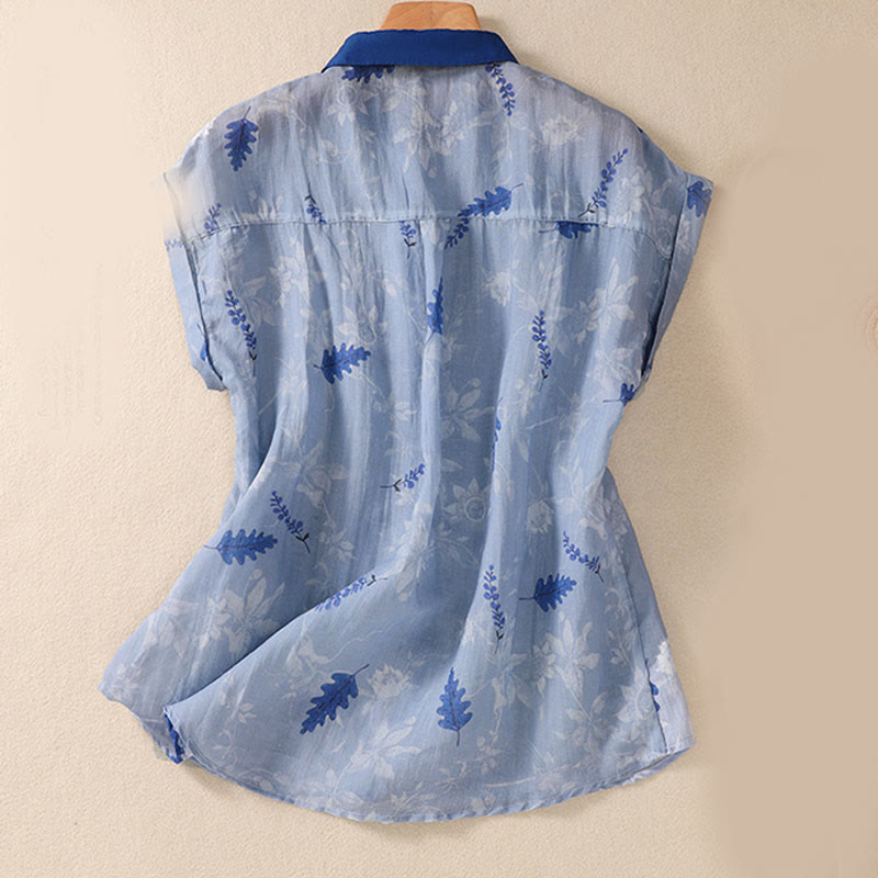 Small Yellow Flower Leaves Buttons Short Sleeve Women's Shirt