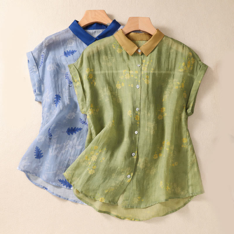 Small Yellow Flower Leaves Buttons Short Sleeve Women's Shirt