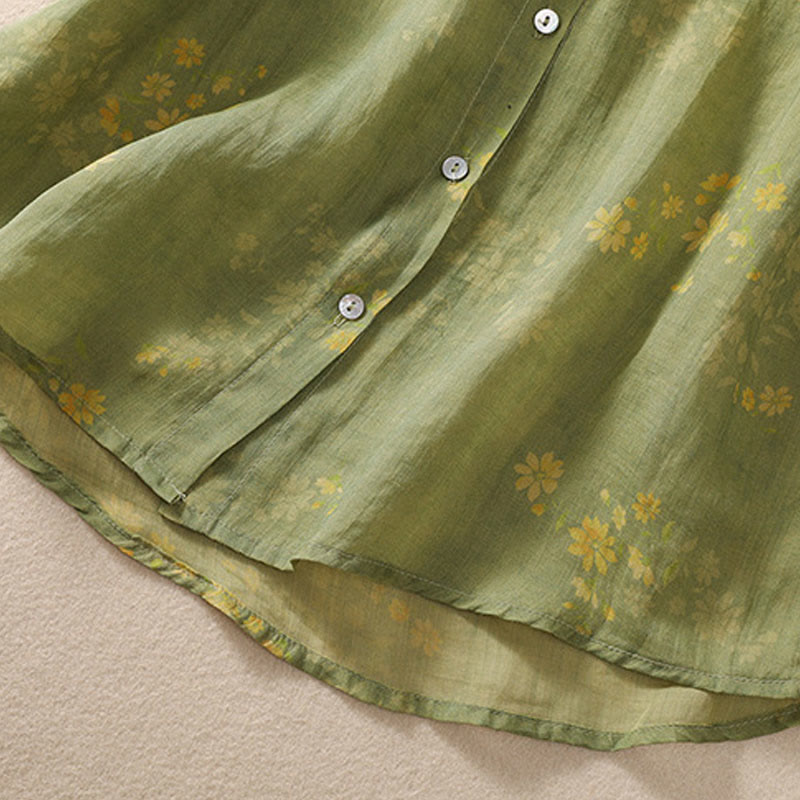 Small Yellow Flower Leaves Buttons Short Sleeve Women's Shirt