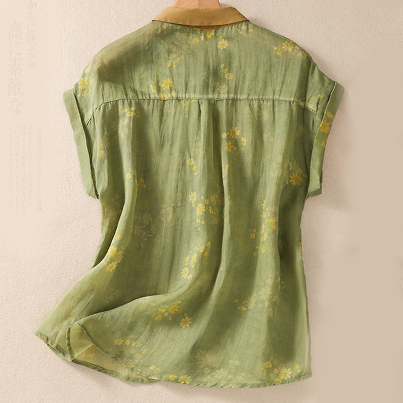 Small Yellow Flower Leaves Buttons Short Sleeve Women's Shirt
