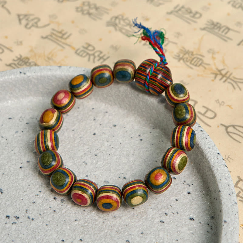 Vibrant Rainbow Eucalyptus Wood Beaded Bracelet with Wu Lou Gourd Symbol
