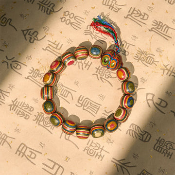 Vibrant Rainbow Eucalyptus Wood Beaded Bracelet with Wu Lou Gourd Symbol